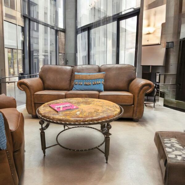Contemporary Peach Travertine Stone Round Coffee Table